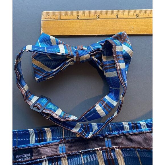 Plaid pocket square adjustable bow tie blue white plaid polyester - Picture 5 of 8